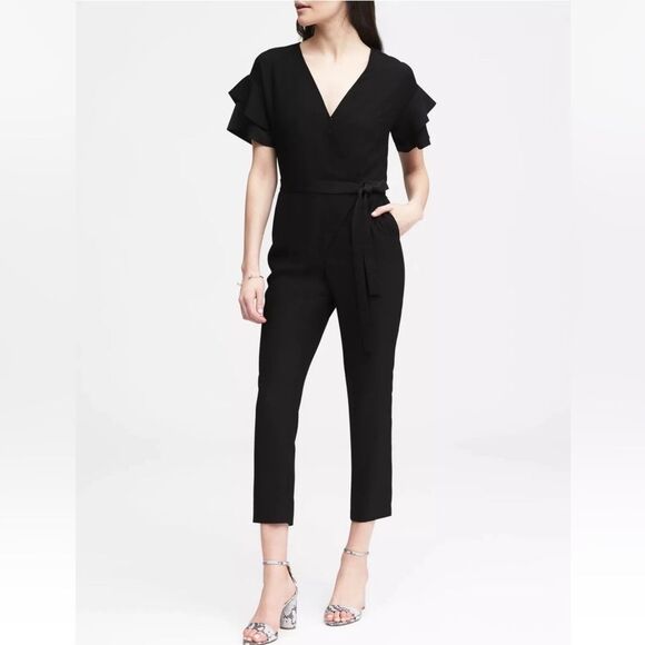 BANANA REPUBLIC Black Flutter Sleeve V-Neck Jumpsuit - Picture 1 of 13